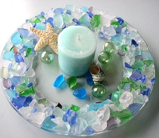 Пляж Декор моря блюдо стекла или пластины, Aqua, Green, Blue - 13, в
