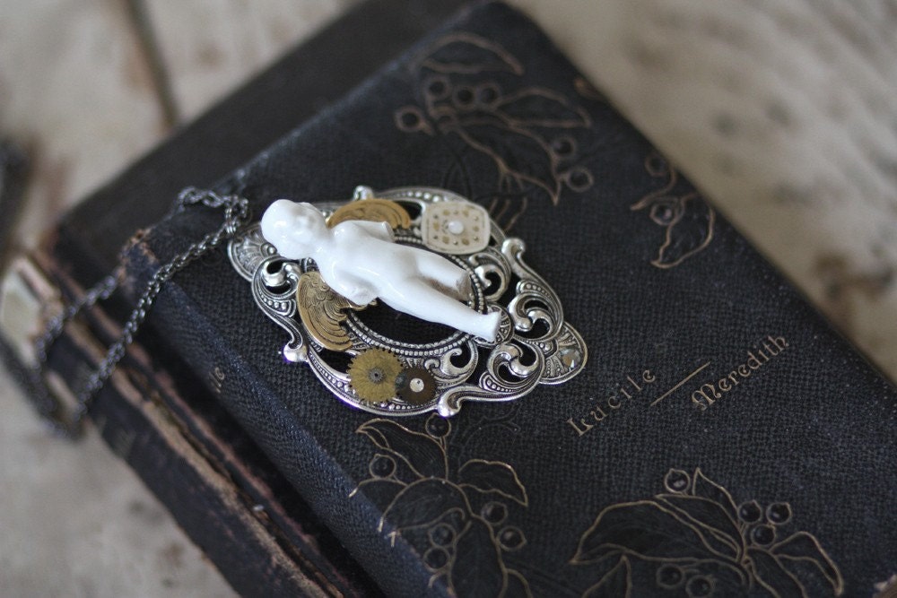 Remnants of a Vivian Girl - Ornate Vintage Steampunk Frozen Charlotte Necklace with Lady Elgin Watch Face and Swarovski Crystals