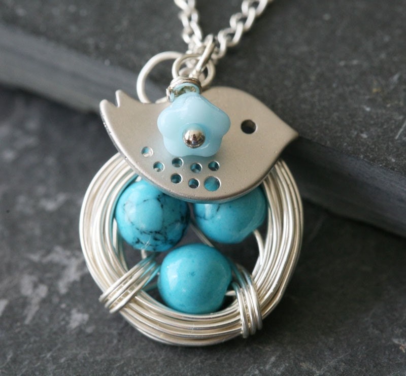 Original Signature Design,Lovely Bird and blue turquoise sterling silver chain Nest Necklace