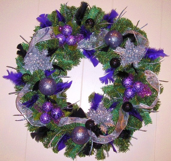 Christmas Wreath Purple Black Silver Feathers Door Wreath