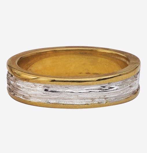 Mens Modern Organic Two Tone Wedding Band with Tree Branch in Recycled Gold