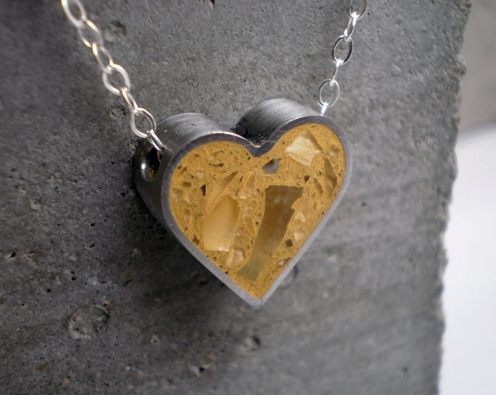 Yellow Heart, Canary Yellow Concrete, Clear Glass and Stainless Steel - Sterling Silver Chain