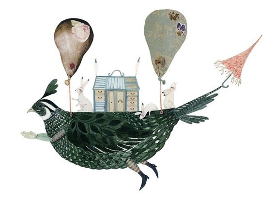 Rabbits in Flying Hot Air Balloon Bird Ship print by Tracey Long of Chasing the Crayon