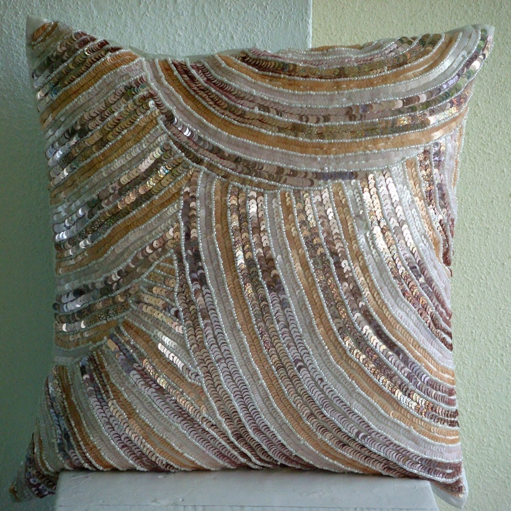 Glamorous - Throw Pillow Covers - 16x16 Inches Silk Pillow Cover Embellished with Sequins And Beads