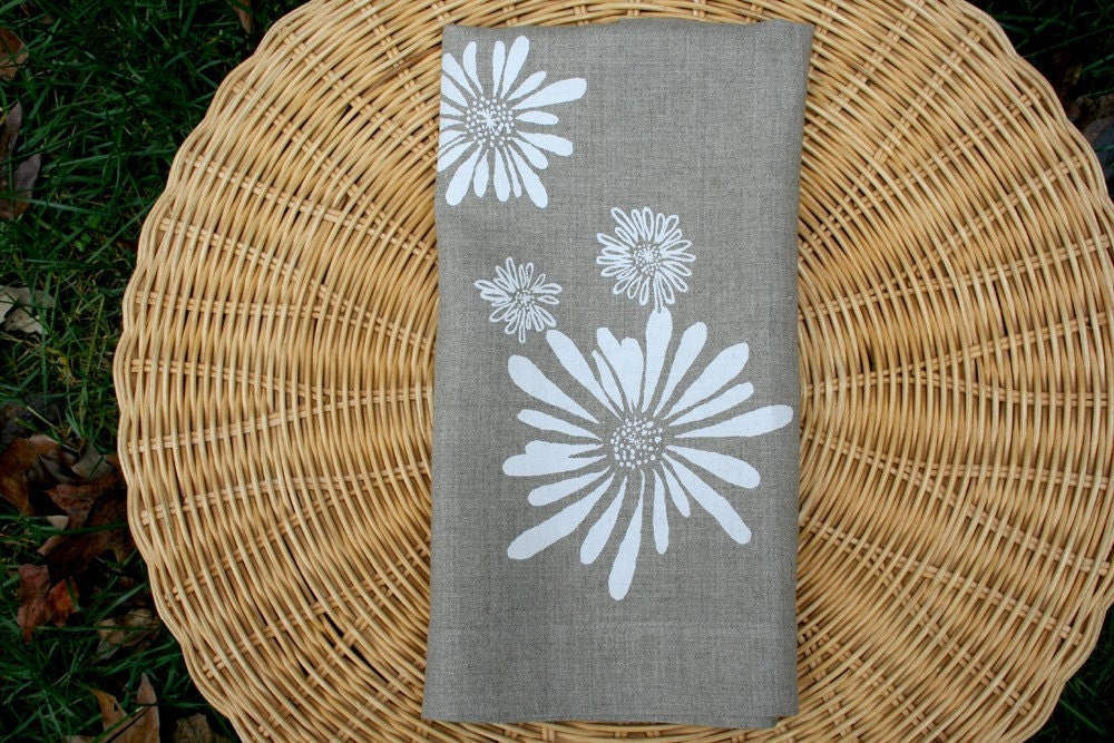 Linen Tea Towel - White Flowers. Natural Flax. Hand Screen-Printed.
