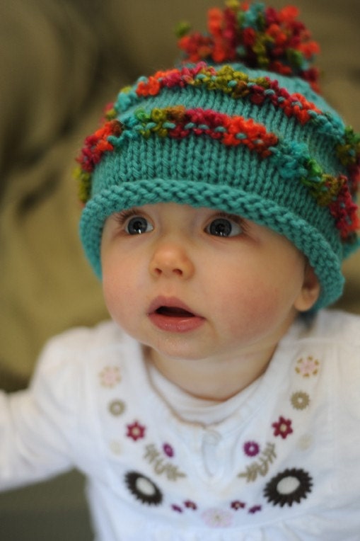 Aqua rolled-brim baby hat with boucle trim and pompom, Newborn - 1 year