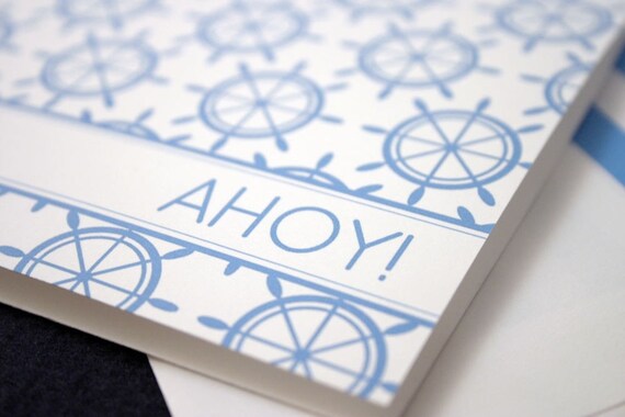 Ahoy There - Nautical themed greeting card set with striped envelope liner