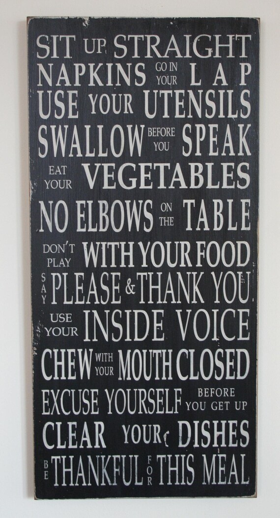 Table Manners Dinner Rules Sign -  Typography Word Art in Black