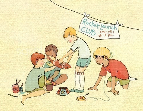 Children's Wall Art Print - Rocket Launch Club - 8x10 - Boy Kids Nursery Room Decor