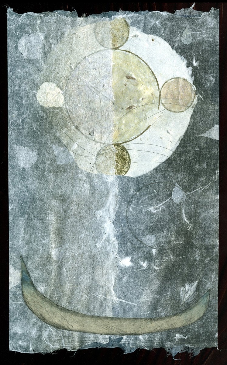 Night Voyage Guided by the Moon, ooak print on handmade paper