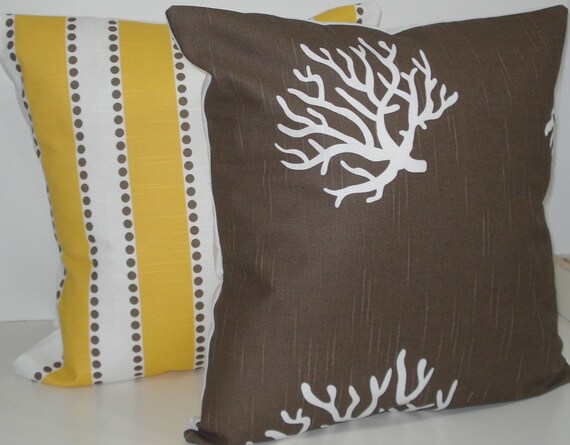 TWO New 18x18 inch Designer Handmade Pillow Cases in yellow and taupe.