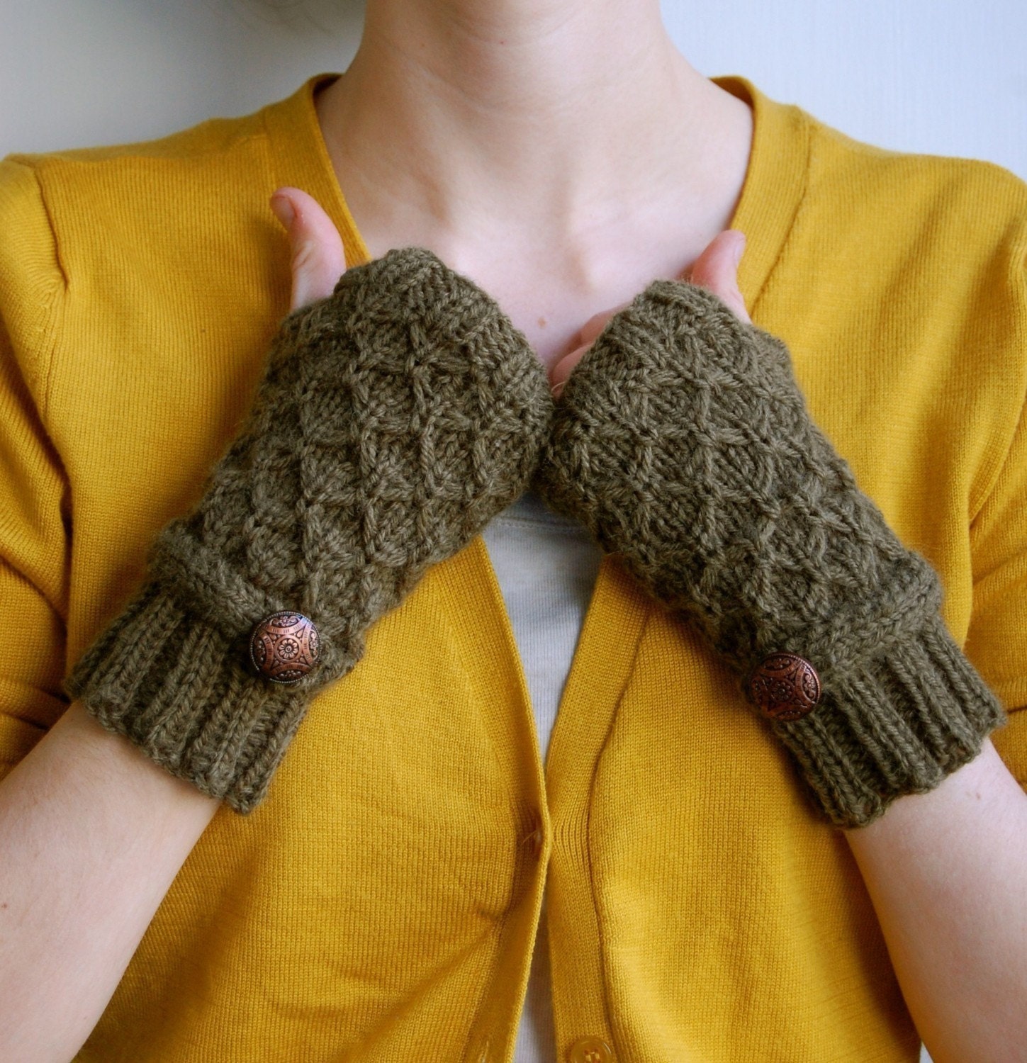 Knit Fingerless Gloves, Olive Green, Wool, Honeycomb with Strap