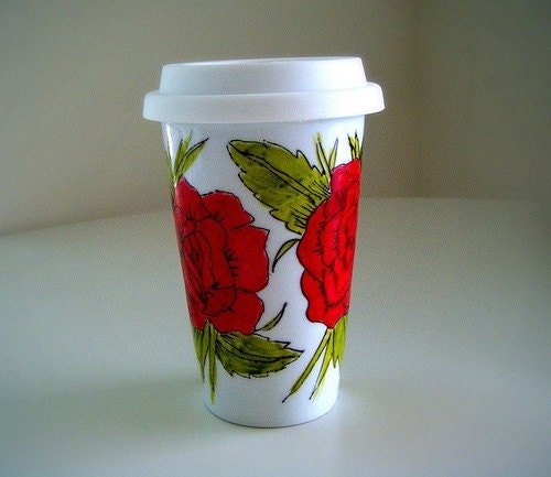 Ceramic Travel Mug Red Roses Bird Swallow Banner Tattoos French Painted Eco Friendly by sewZinski on Etsy