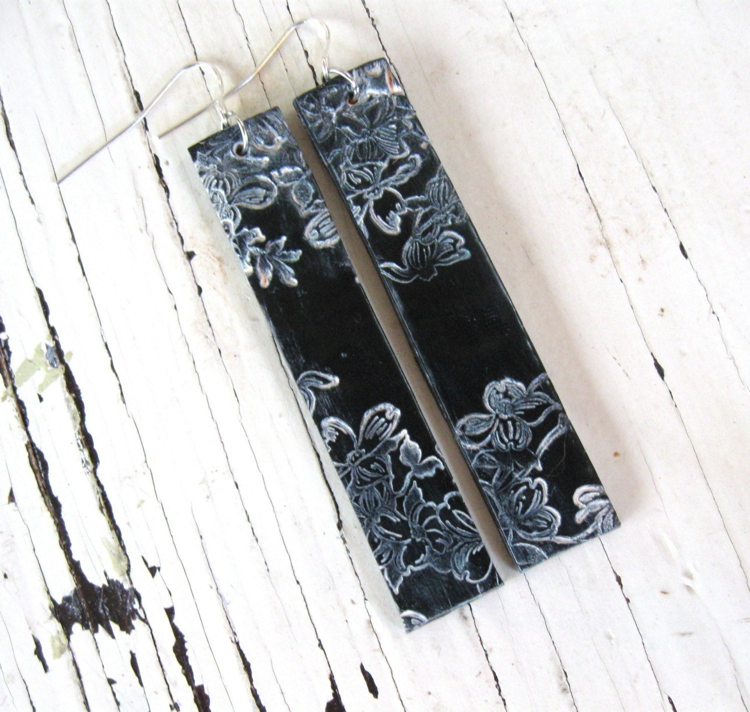 Long black earrings Asian floral design, handmade jewelry by theshagbag on Etsy