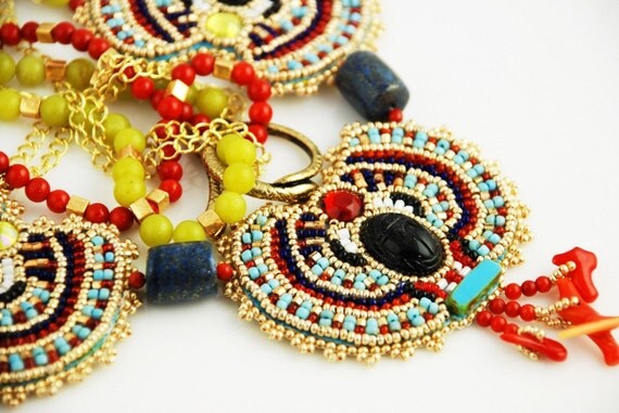 SALE - Egyptian Jewelry, Statement necklace, Scarab Beaded Necklace, Red Coral Necklace, Pendant Necklace, Bead Embroidered
