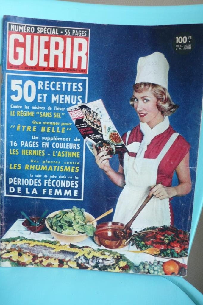 Vintage French Health  cookery magazine, 1955, Guerir, mid century, mixed media art, Vintage books and magazines by ancienesthetique on Etsy