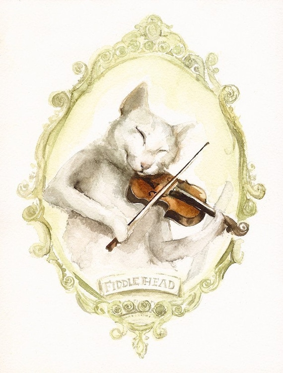 Fiddlehead - cat art, cat watercolor
