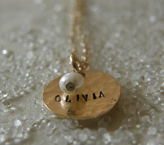 June's Birthday - One Dainty Hammered Gold Disc Stamped With Your Name  --- Personalized It --- Simag