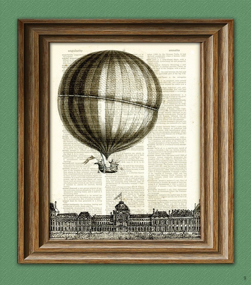 Hot Air Balloon Print illustration beautifully upcycled dictionary page book art print 2