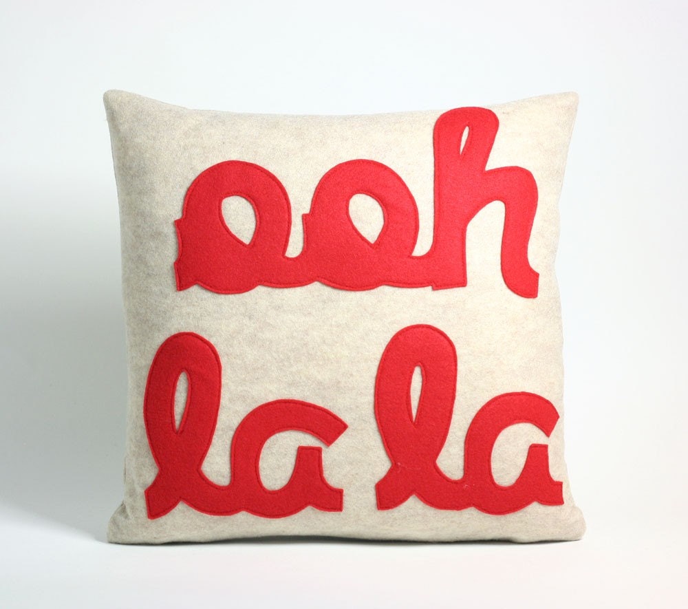 Ooh la la 16x16inch pillow recycled felt applique pillow - oatmeal and red