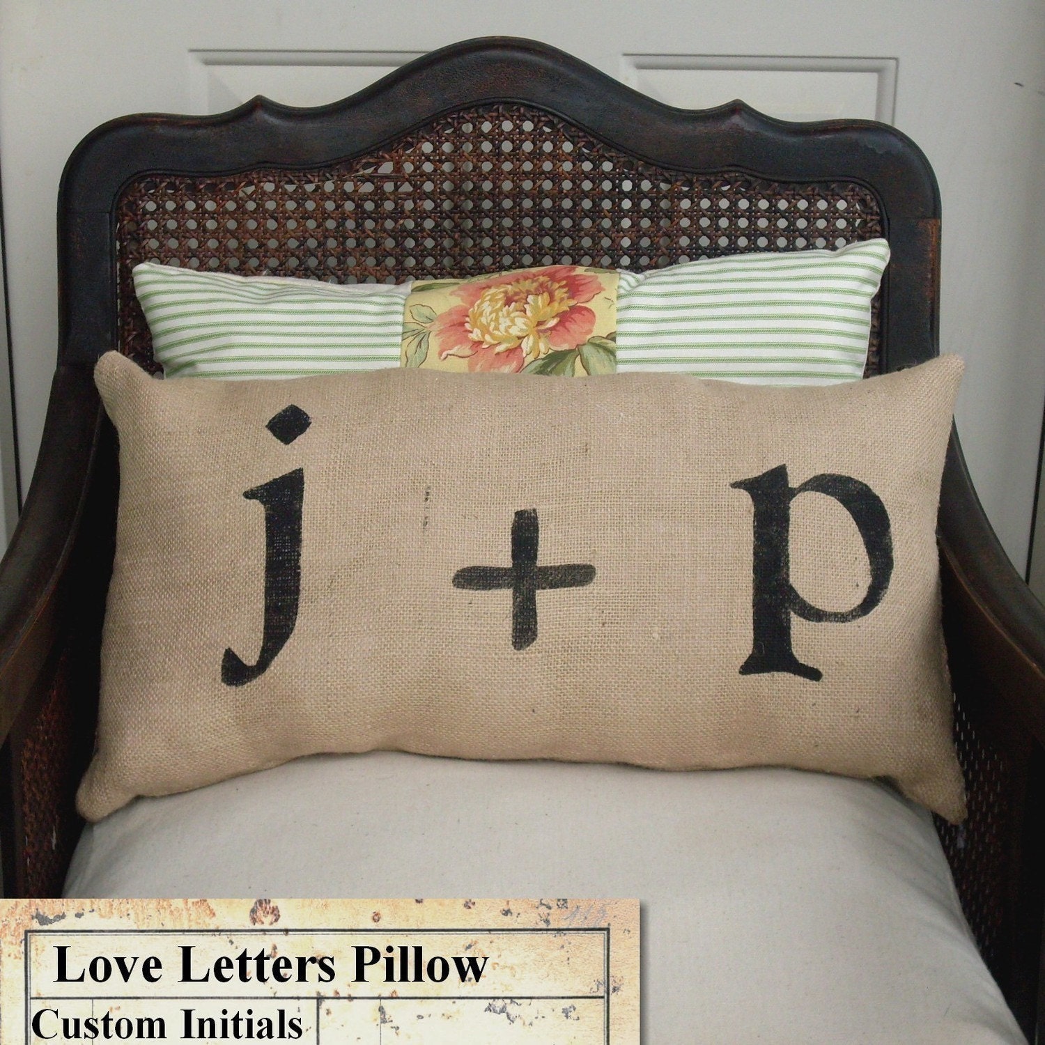 Love Letters - Burlap Pillow -  Feedsack Style - Personalize with you and your sweetie's initial - Custom Monogram Pillow
