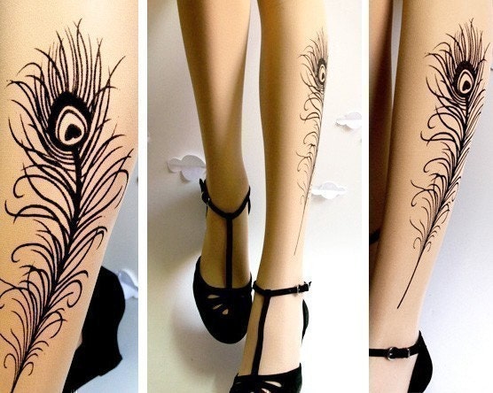 Sexy PEACOCK FEATHER TATTOO gorgeous thighhigh socks Ultra Pale