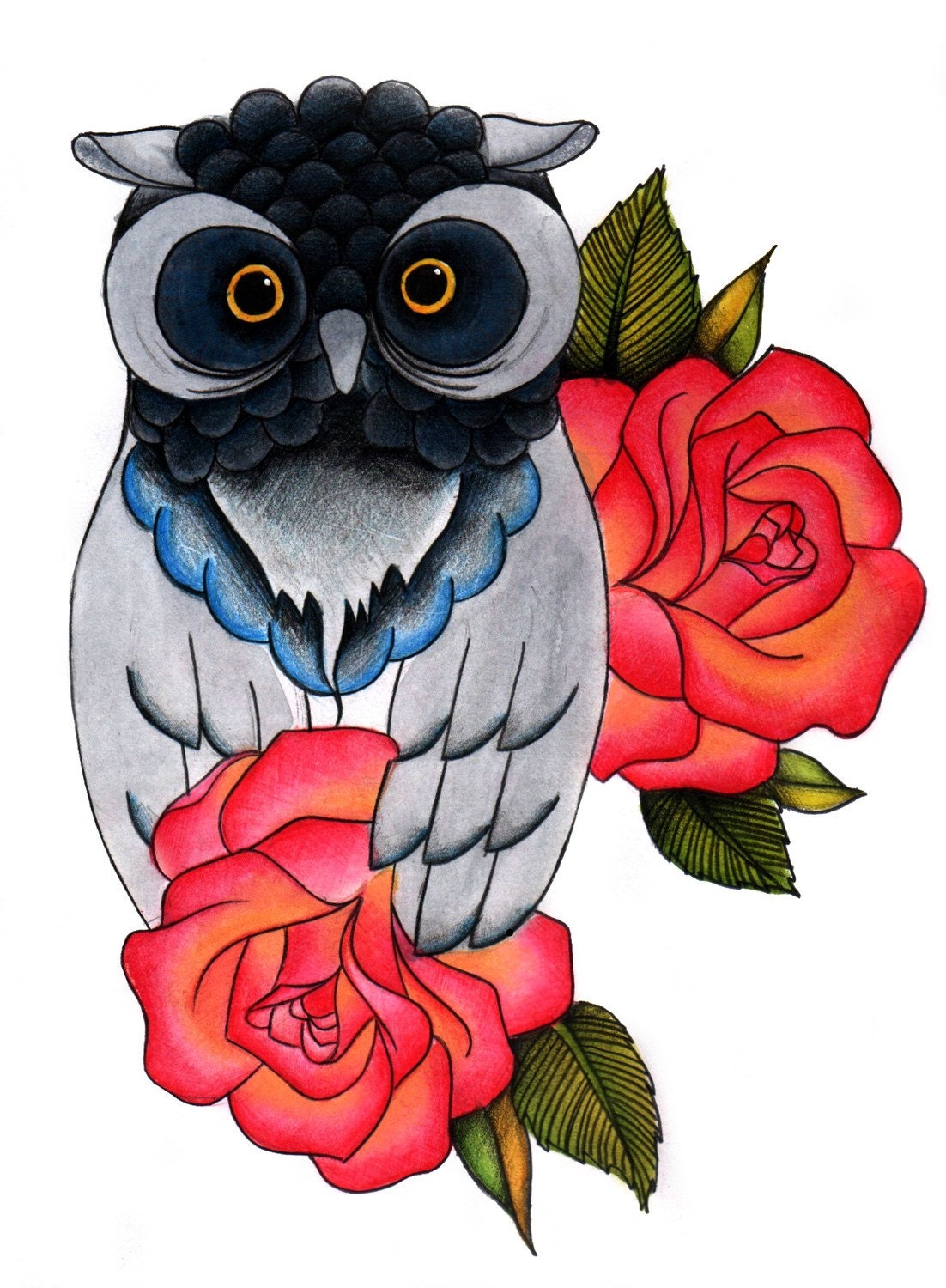 Tattoo Old School Style Owl And Roses Design painting PRINT 570x775px