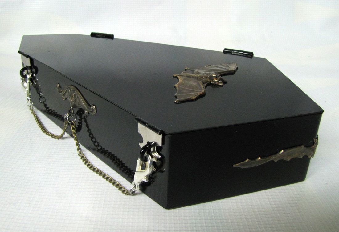 Raven Bat Coffin Hand Bag Purse, with red and black cushioned interior lace, Gothic Romance 'Last One'