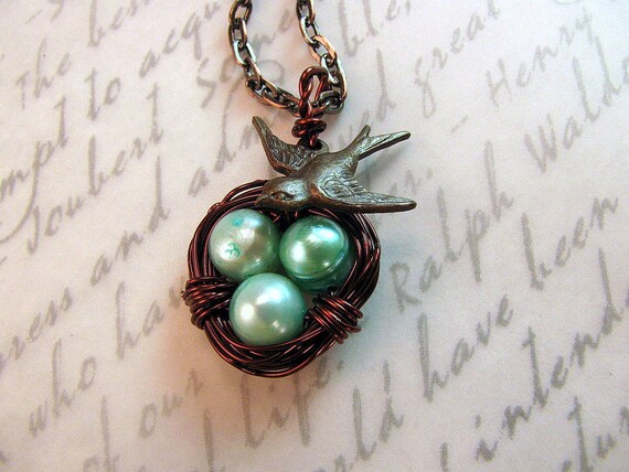 Mother and Baby Boys Robins Egg Nest Necklace Antique Copper