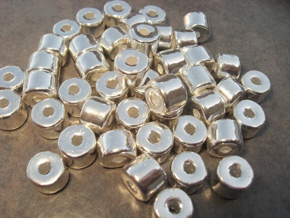 5 SILVER Greek Ceramic 8x7mm Short Tubes Large Holed Metalized
