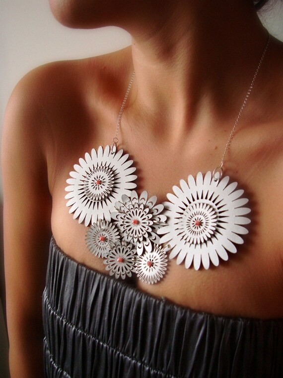 White Blossom Necklace with Tiny Coral Beads