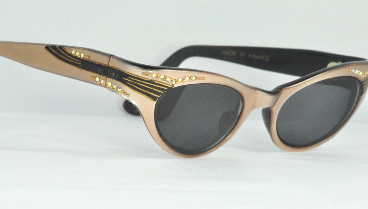 Vintage Cat Eye Glasses, Soft Gold Color with AB Crystals and Sassy Striped Trim