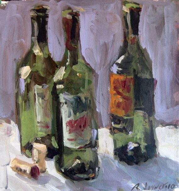 Wine bottle painting by Robert Joyner. SAVE 100 Dollars off original price. Colorful, expressive and original. 14 x 14 on archival paper, sold unframed. Click here for more info.
