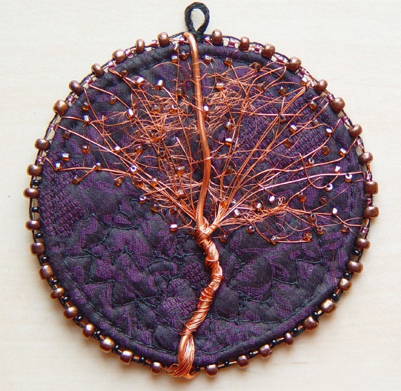 Embroidered quilted tree ornament - purple and copper