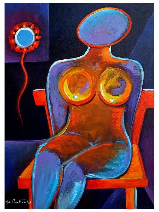 Nude Woman in Red Chair  Original Cubism Painting Marlina Vera Expressionist Art