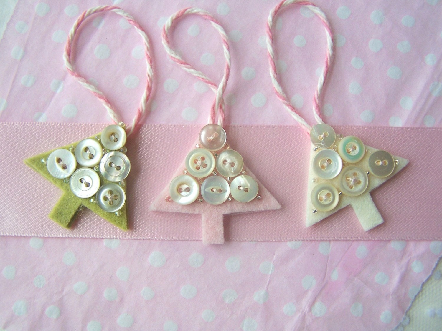 Christmas Tree Ornament Set of Three Mini Merino Wool Felt Trees in Pink, Green and White with Vintage Buttons