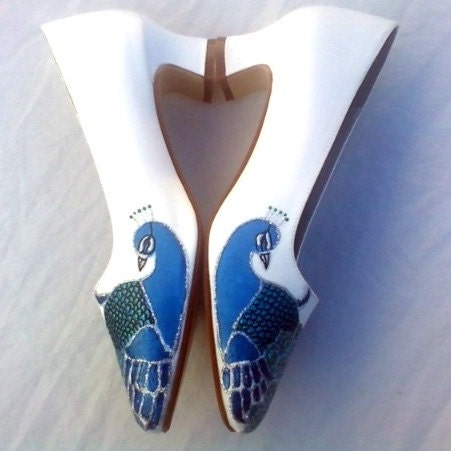 Wedding Shoes painted peacocks dark blue teal silver Grace From norakaren