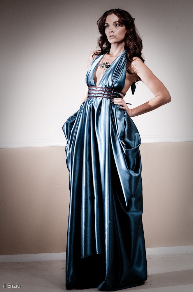 Teal Satin Signature Couture Halter with Hidden Pockets-Wonderful Holiday Hostess Dress