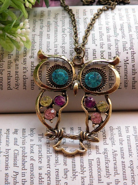 On sales now Pretty retro copper colorful blue eyes owl necklace pendant vintage style