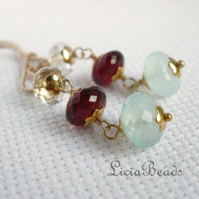 Garnet, Aqua Chalcedony and Quartz gemstone dangle earrings in 14K gold filled