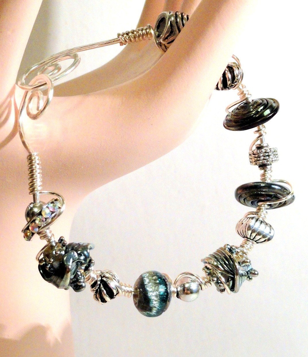 Northern Lights Teal and Silver Lampwork Bead WIre Wrapped Bracelelt