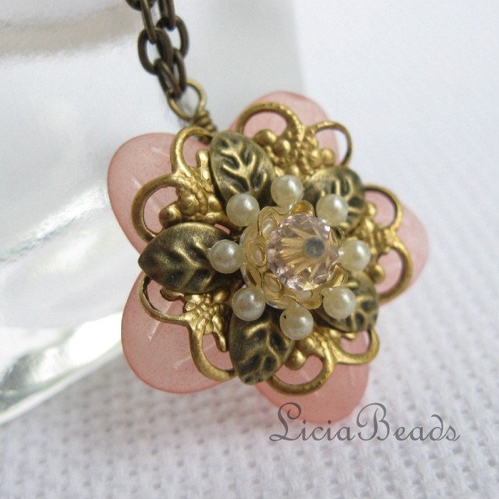 Blush pink flower pendant with gold filigree and a swarovski crystal
