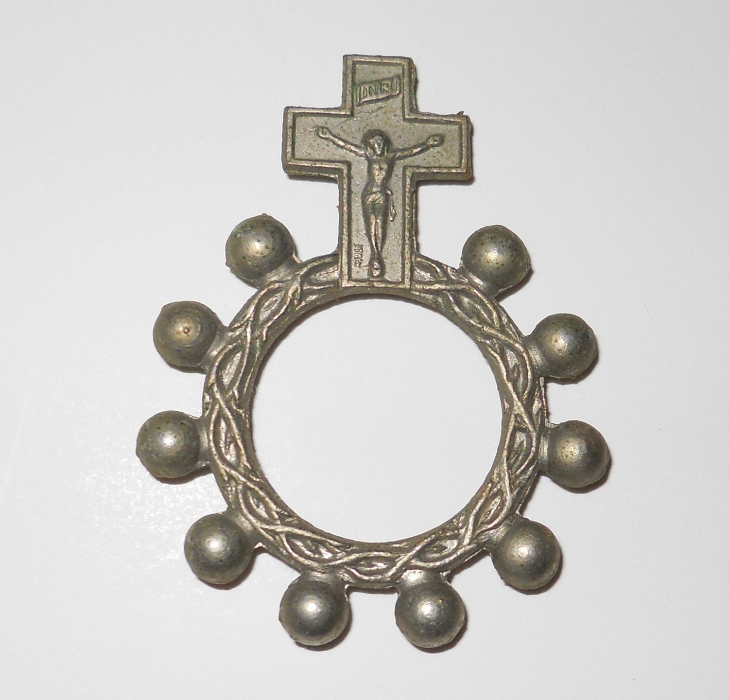 Vintage metal religious crucifix relic pocket rosary marked Italy