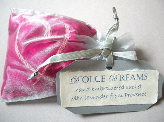 Lavender Sachet  in Dupioni Silk Hand Embroidered by Dolce Dreams