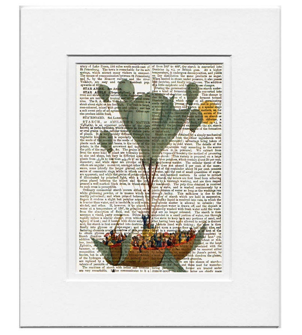 Air BALLOON -ARTWORK  printed on Repurposed Vintage Dictionary page- Free Domestic Shipping
