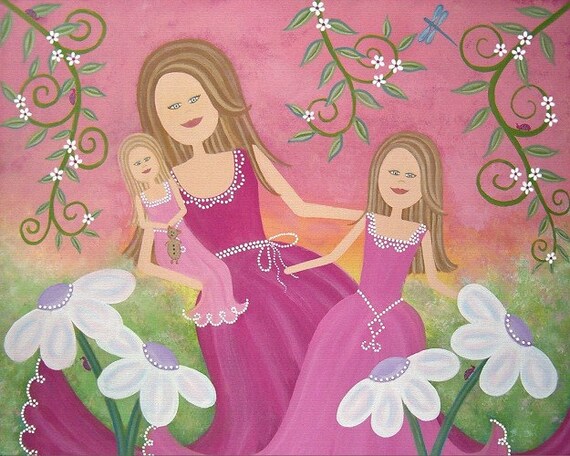 Mother Daughter Children Flowers Kids Folk Art Print - Garden Belles - 8x10