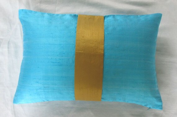 turquoise blue silk oblong throw pillow with golden yellow center band 12X18 inches