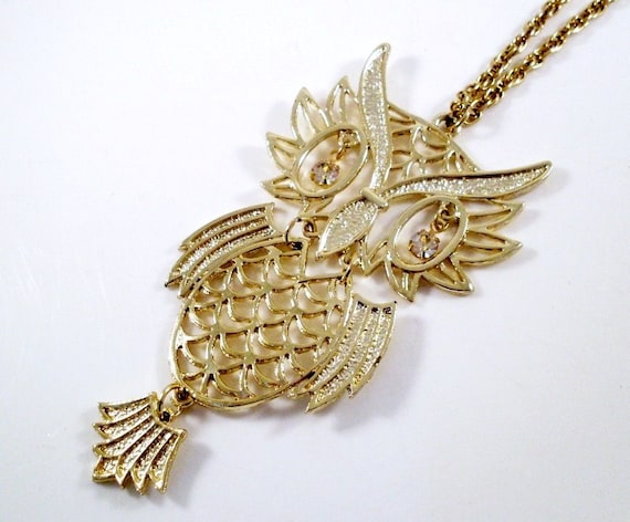 Vintage Owl Necklace Large Articulated Goldtone (Rhinestone Eyes)