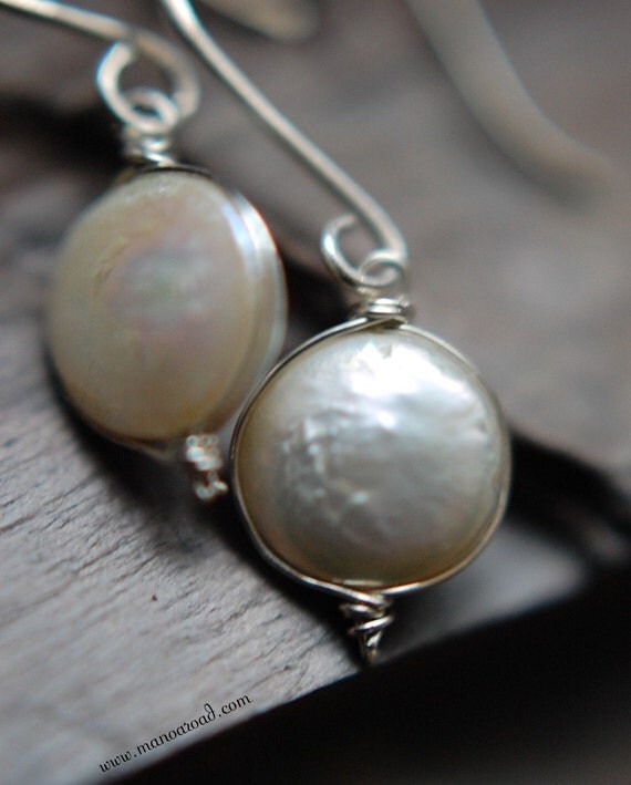 Radiance Earrings - White Coin Pearls, Sterling Silver
