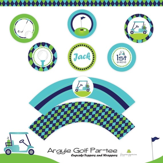 Golf Birthday Argyle Custom Cupcake Toppers and Wrappers - DIY Printable